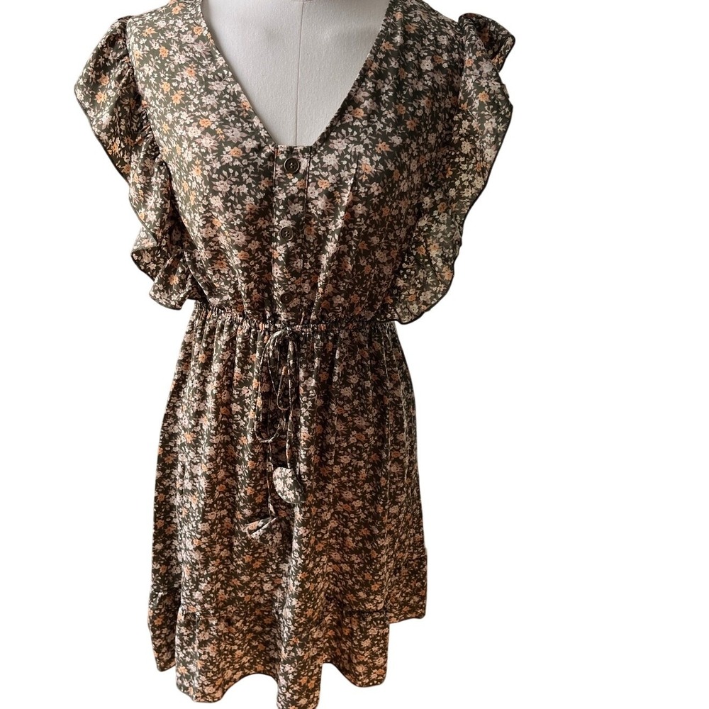 Umgee Boho Cottagecore Dress Small‎ Green Floral Ruffle Tassel Tie Flowy